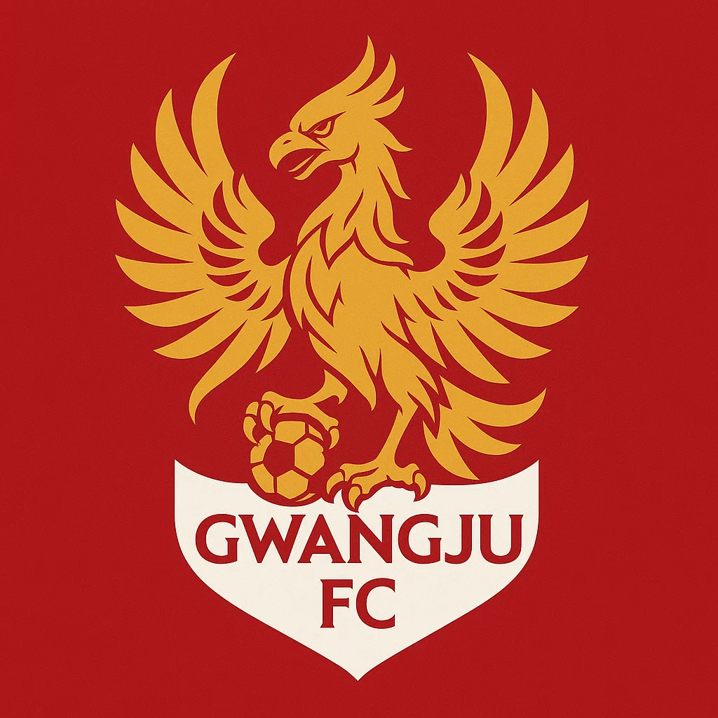 광주 FC 엠블럼. 붉은 배경 위 금색 불사조가 축구공을 움켜쥔 형태의 디자인.
