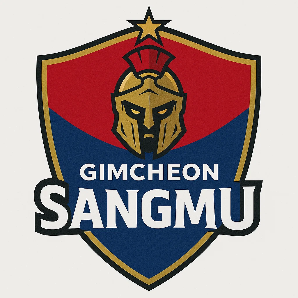 김천 상무 FC 엠블럼. 금색 병사의 투구가 중앙에 배치된 빨강과 파랑 방패형 디자인.