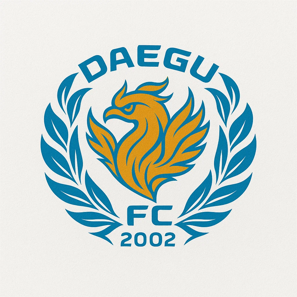대구 FC 엠블럼. 금색 불사조가 푸른 월계수 잎으로 둘러싸인 원형 디자인.