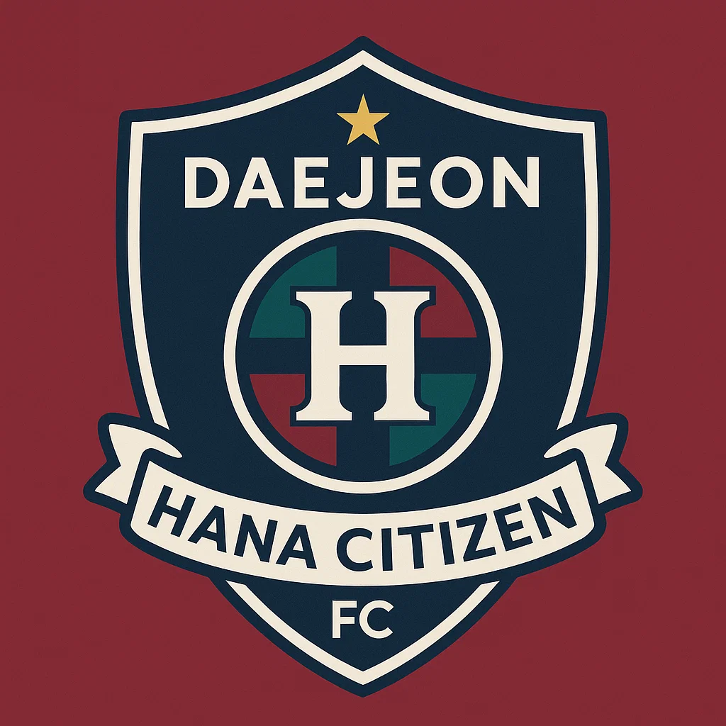 대전 하나 시티즌 FC 엠블럼. 남색 방패형 배경에 중앙의 H 문양과 금색 별, 그리고 ‘HANA CITIZEN’ 문구가 새겨진 디자인.