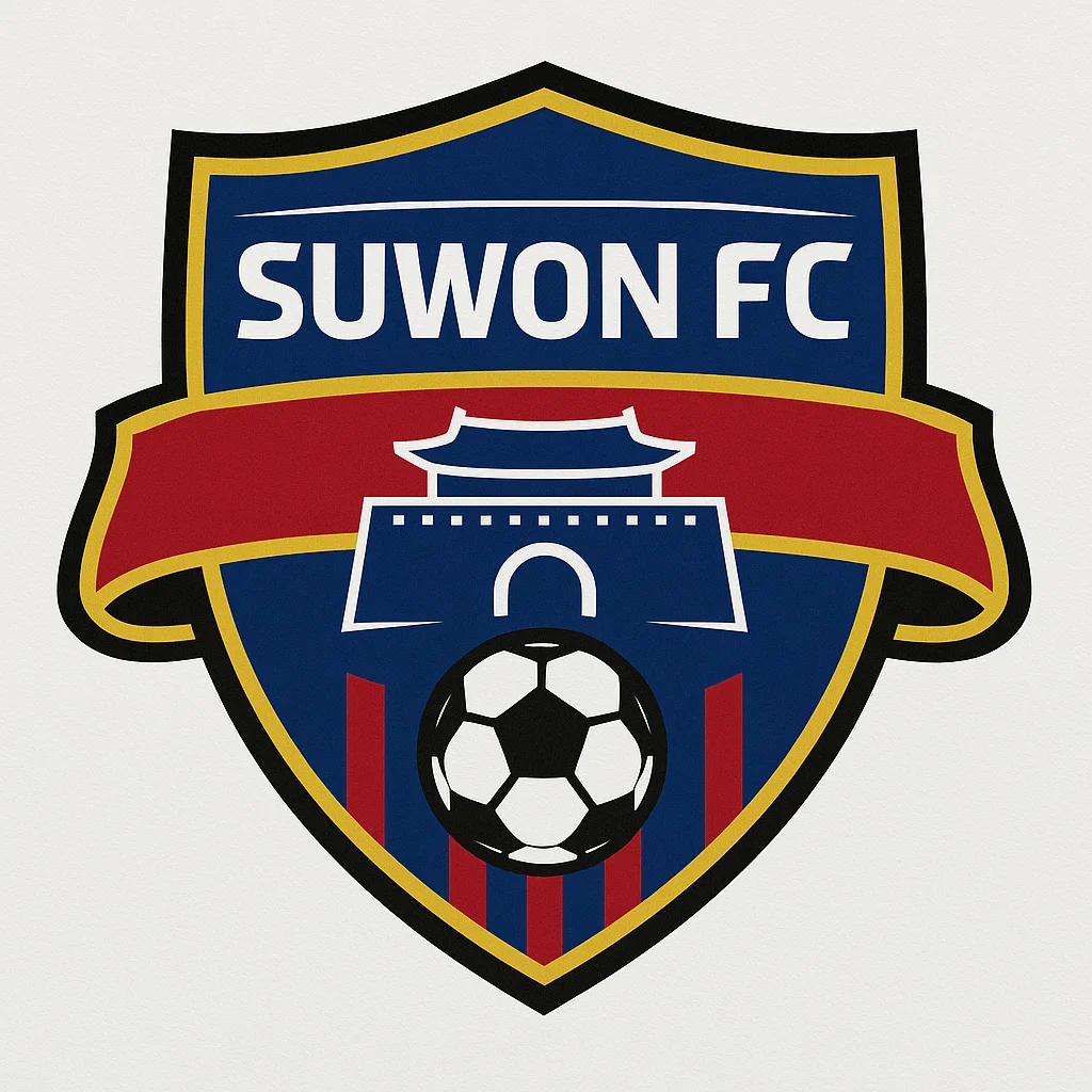 수원 FC 엠블럼. 파란색과 빨간색 방패형 배경 위에 수원화성과 축구공이 결합된 디자인.