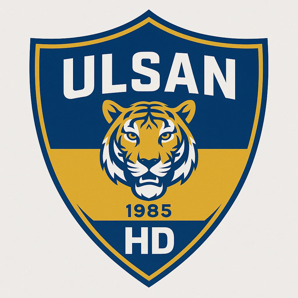 울산 현대 FC 엠블럼. 파란색과 금색 방패형 배경에 호랑이 얼굴과 ‘ULSAN HD’ 문구가 들어간 디자인.
