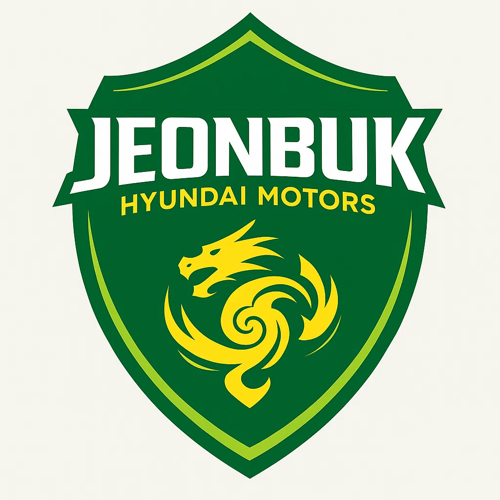 전북 현대 모터스 엠블럼. 녹색 방패형 배경에 노란색 용 문양과 팀명 JEONBUK HYUNDAI MOTORS가 새겨진 디자인.