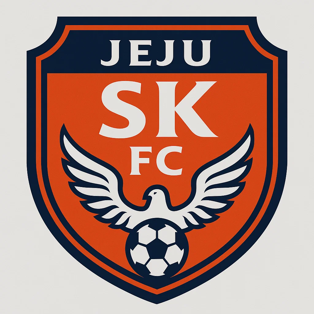 제주 유나이티드 FC 엠블럼. 주황색과 남색 방패형 배경에 날개를 펼친 새와 축구공이 결합된 디자인.