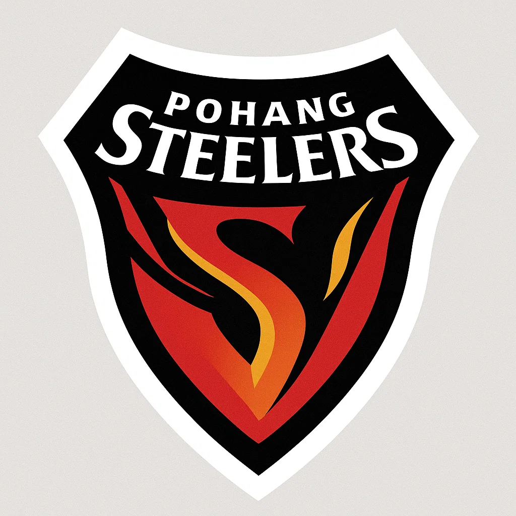 포항 스틸러스 엠블럼. 검정과 붉은색 방패형 배경에 불꽃 모양의 ‘S’ 로고가 중앙에 위치한 디자인.