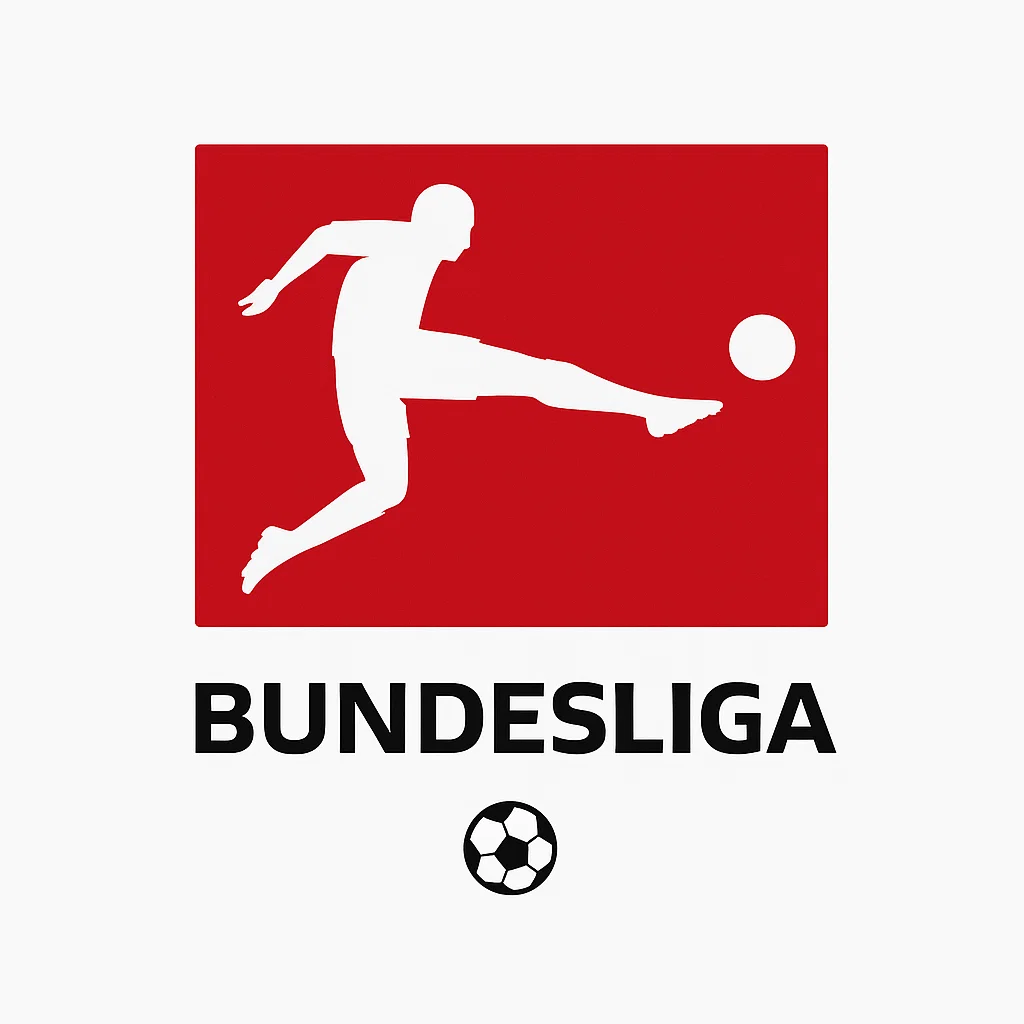 붉은색 사각형 안에서 흰색 실루엣의 선수가 공을 차는 장면이 그려진 로고, 아래에는 ‘BUNDESLIGA’ 텍스트가 검정색으로 표시되어 있다.