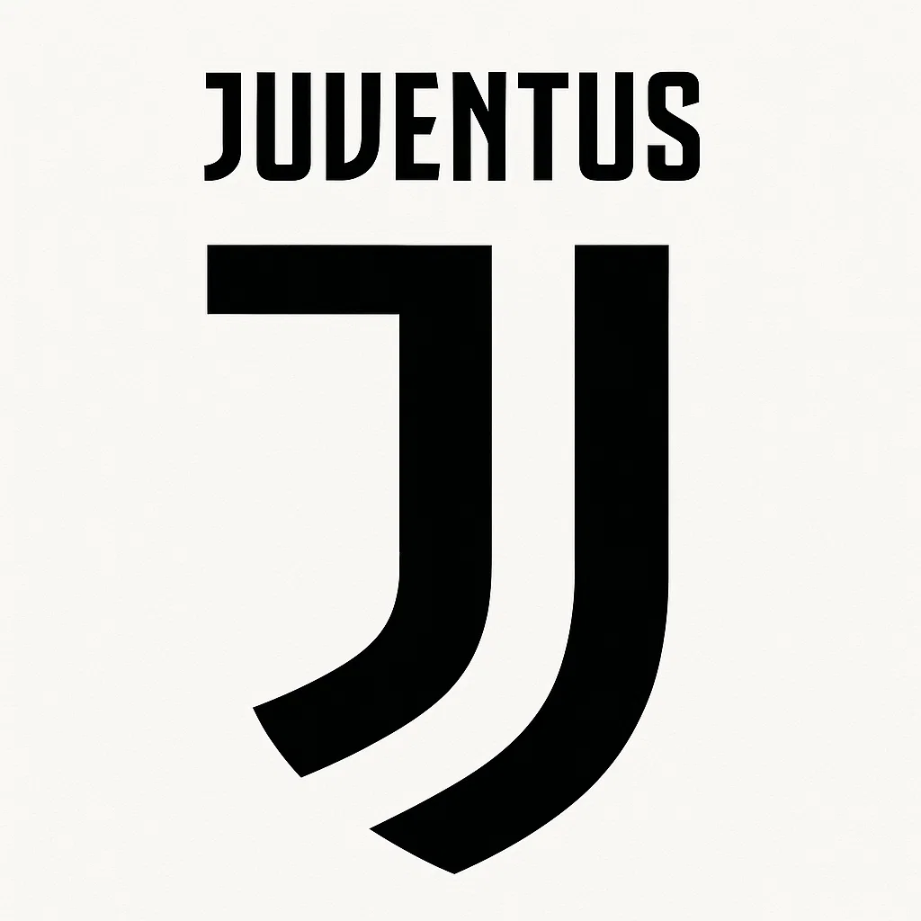 흰색 배경 위에 굵은 검은색으로 디자인된 ‘JUVENTUS’ 글자와 이니셜 ‘J’ 형태의 로고 이미지.