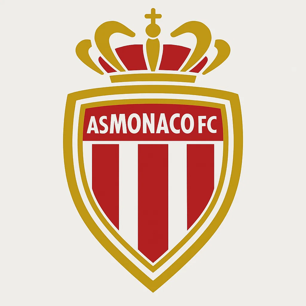 왕관이 올려진 빨간색과 흰색 줄무늬 방패형 엠블럼으로, 상단에 ‘AS MONACO FC’ 문구가 새겨진 이미지.