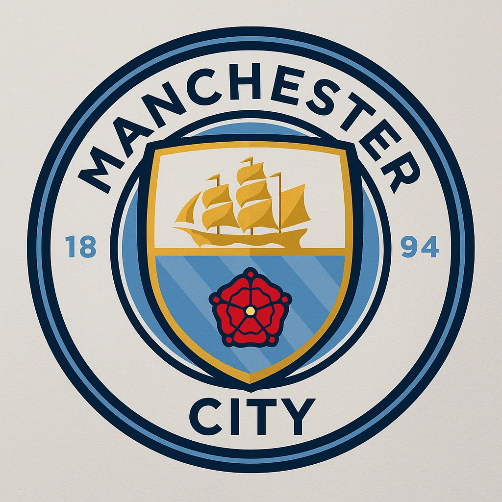 하늘색 원형 배지 안에 금색 범선과 붉은 장미가 그려진 맨체스터 시티 FC 엠블럼.