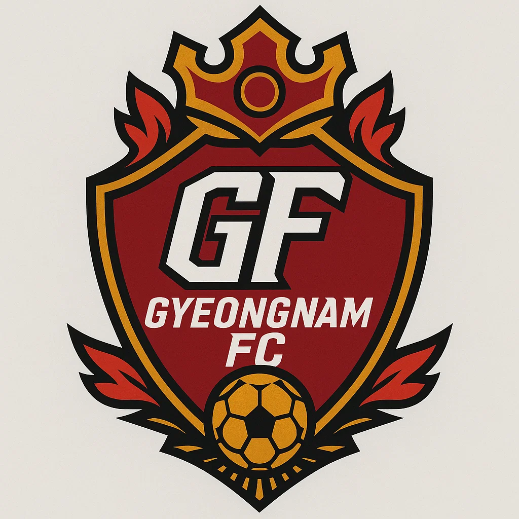 경남 FC 엠블럼. 붉은 방패형 로고에 불꽃 장식과 금색 축구공, ‘GF GYEONGNAM FC’ 문구가 포함된 디자인.