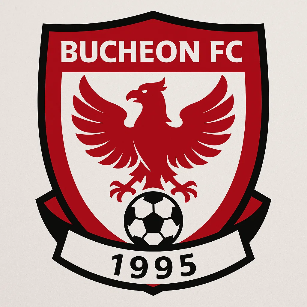 부천 FC 엠블럼. 붉은색 독수리가 축구공 위에 서 있는 방패형 로고 디자인.