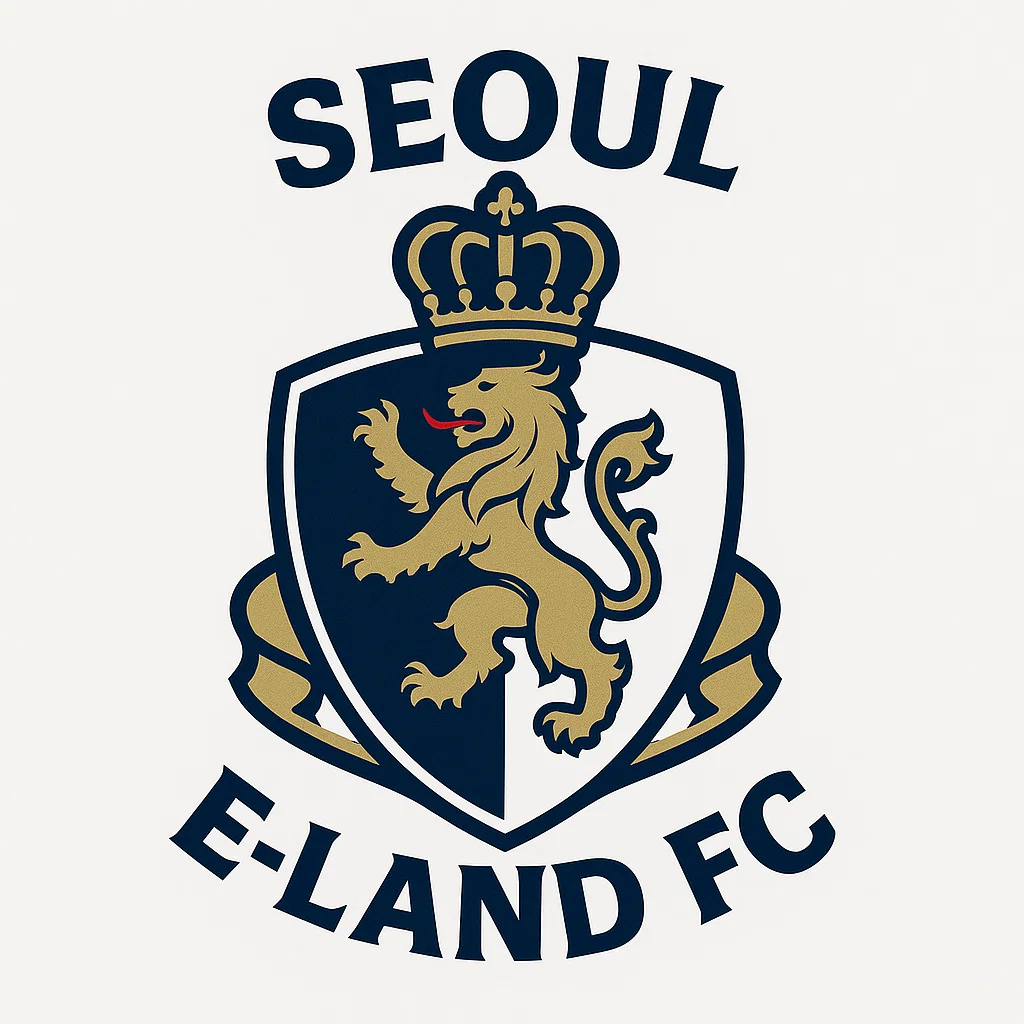 서울 이랜드 FC 엠블럼. 왕관을 쓴 사자가 방패 안에 배치된 금색과 남색의 로고 디자인.