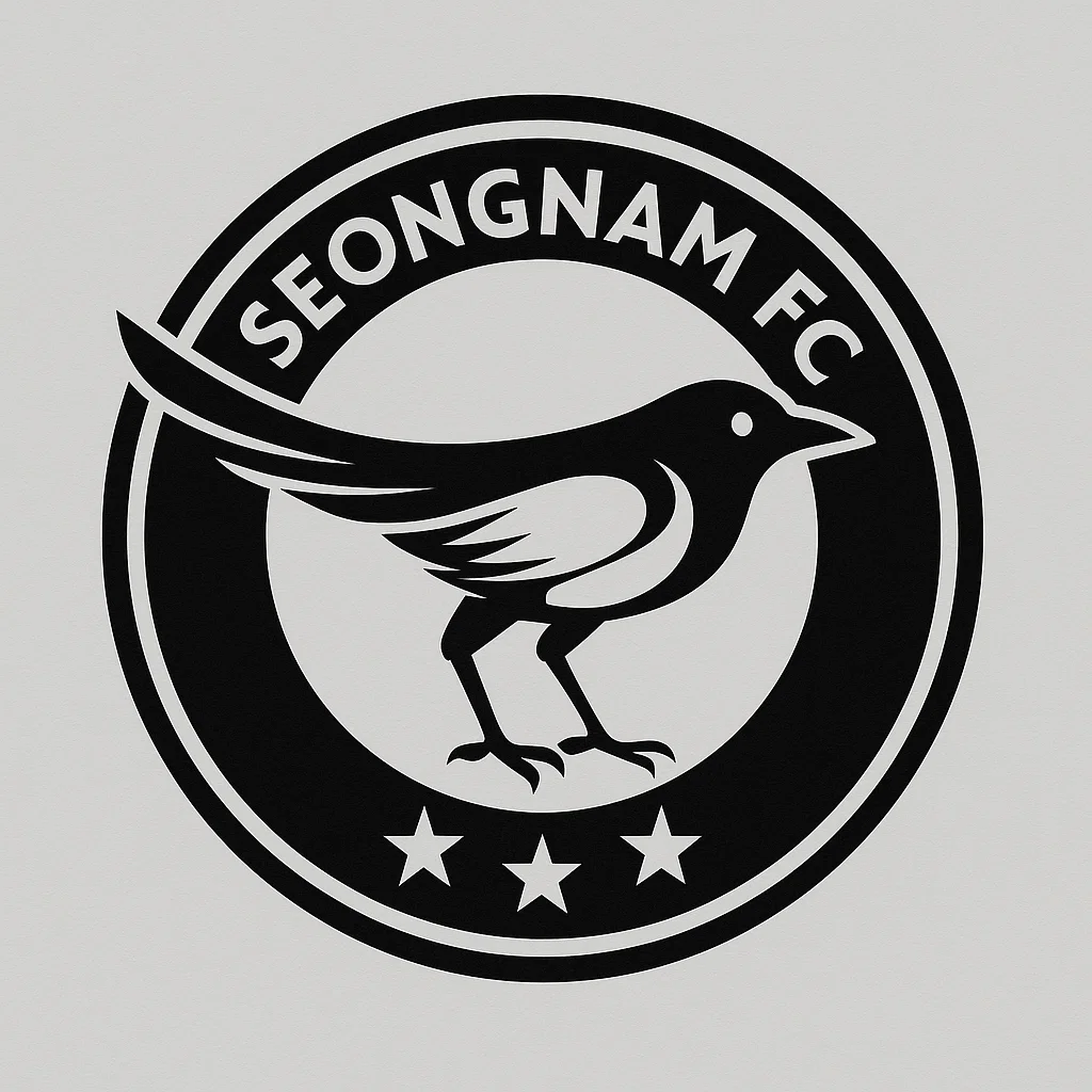 성남 FC 엠블럼. 검정색 까치 실루엣과 세 개의 별이 포함된 로고 디자인.
