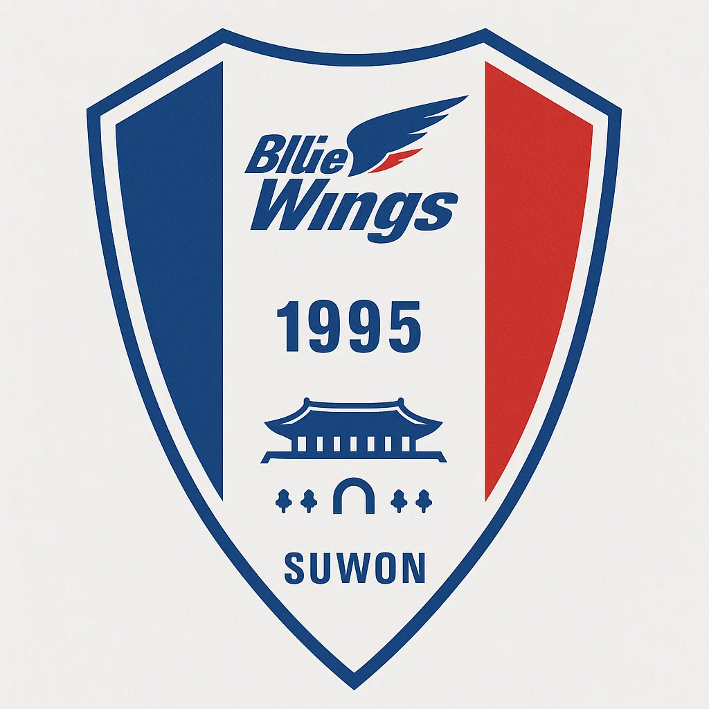 수원 삼성 블루윙즈 FC 공식 엠블럼 – 파란색과 붉은색 방패형 배경에 블루윙즈 로고와 화홍문 문양