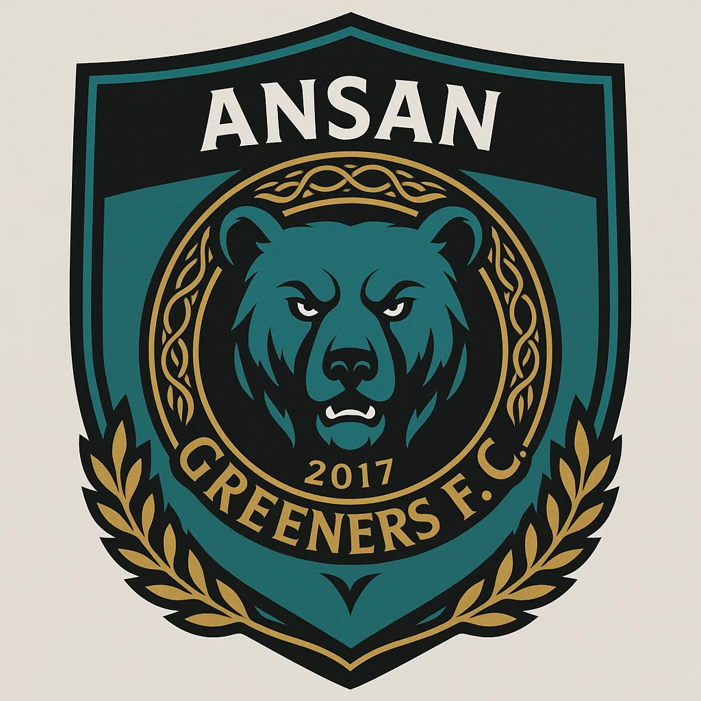안산 그리너스 FC 공식 엠블럼 – 초록색 방패형 배경에 금색 원과 곰 문양