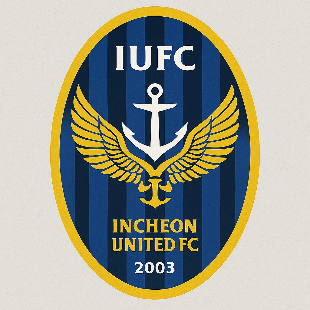 인천 유나이티드 FC 공식 엠블럼 – 파란색과 네이비 스트라이프 배경에 황금색 앵커와 날개 문양