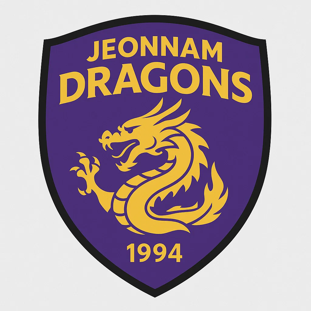 전남 드래곤즈 FC 공식 엠블럼 – 보라색 방패형 배경에 황금색 용 문양