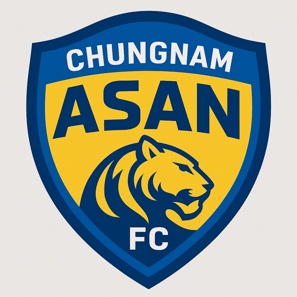 충남 아산 FC 공식 엠블럼 – 파란색과 노란색 방패형 로고, 호랑이 문양 포함