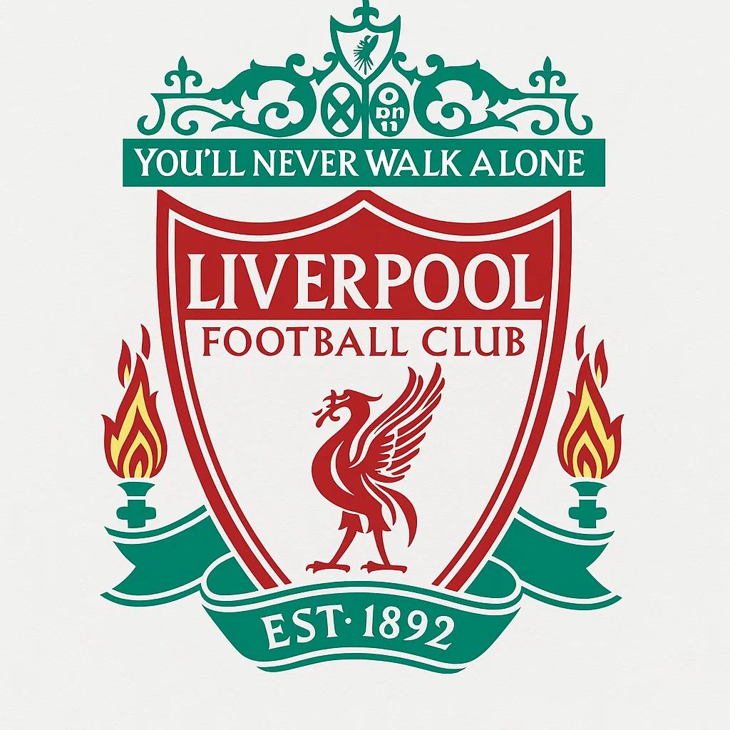 빨간 방패 안에 새 모양의 리버 버드와 불꽃 장식이 포함된 리버풀 FC 엠블럼. 상단에는 ‘YOU’LL NEVER WALK ALONE’ 문구가 적혀 있다.