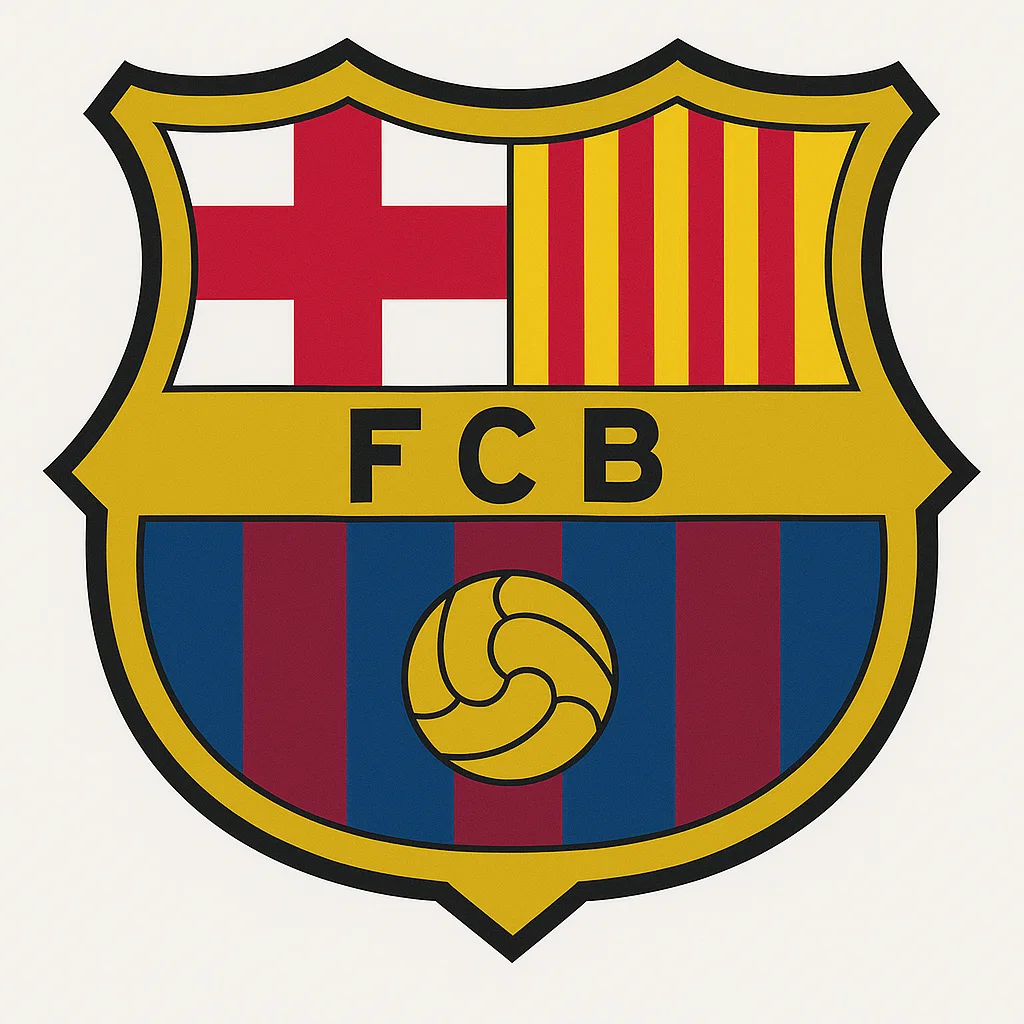 빨간색 십자가와 노란색 바탕의 붉은 세로 줄무늬가 상단에, 파란색과 자주색 세로 줄무늬와 축구공이 하단에 배치된 방패형 로고. 중앙에는 검은색 글씨로 ‘FCB’가 적혀 있다.