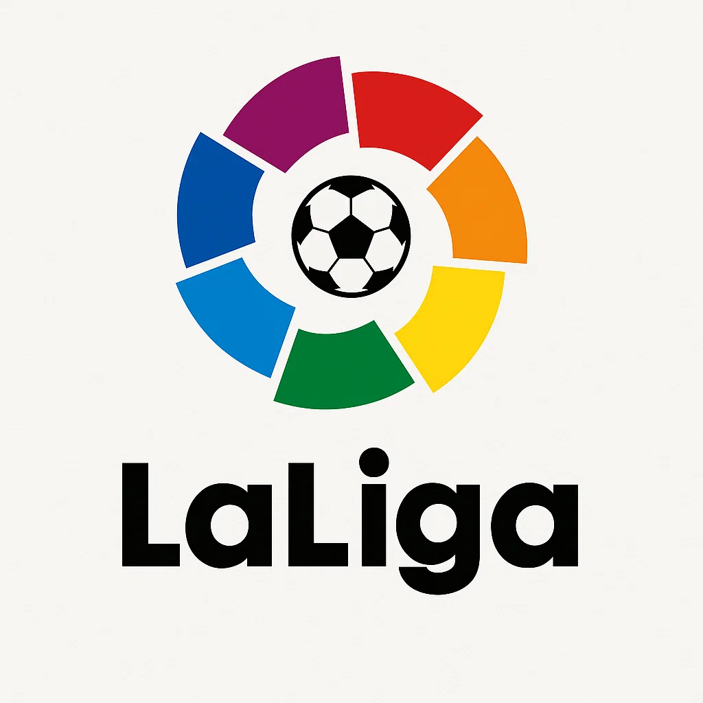 다채로운 색상의 원형 패턴 속 중앙에 축구공이 그려져 있고, 아래에는 검정색 글씨로 ‘LaLiga’가 적혀 있는 로고.