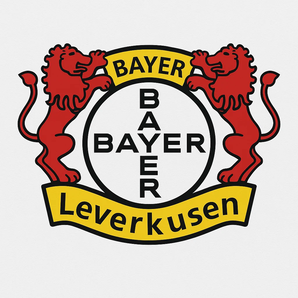 노란색 리본 모양의 배너에 ‘Leverkusen’이 쓰여 있고, 중앙의 흰색 원 안에는 ‘BAYER’ 글자가 십자 형태로 배열되어 있으며, 양옆에는 빨간 사자가 방패를 잡고 있는 로고.