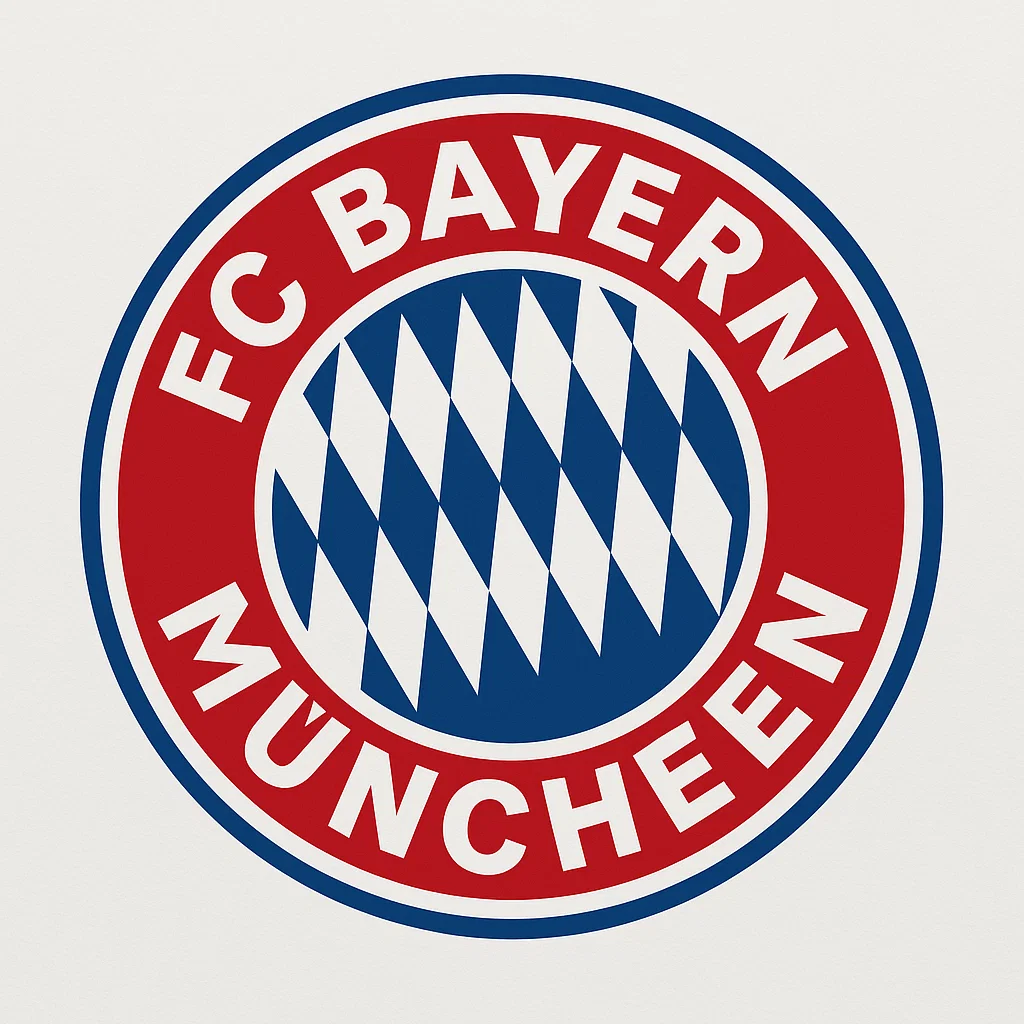 빨간색과 파란색 원형 로고 안에 하얀색 글씨로 ‘FC BAYERN MÜNCHEN’이 적혀 있고, 중앙에는 파란색과 흰색이 교차된 다이아몬드 무늬가 들어 있다.
