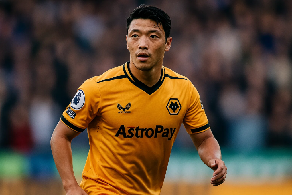 울버햄튼 원더러스 선수 경기 중 모습 – 프리미어리그 공식 경기 유니폼 착용