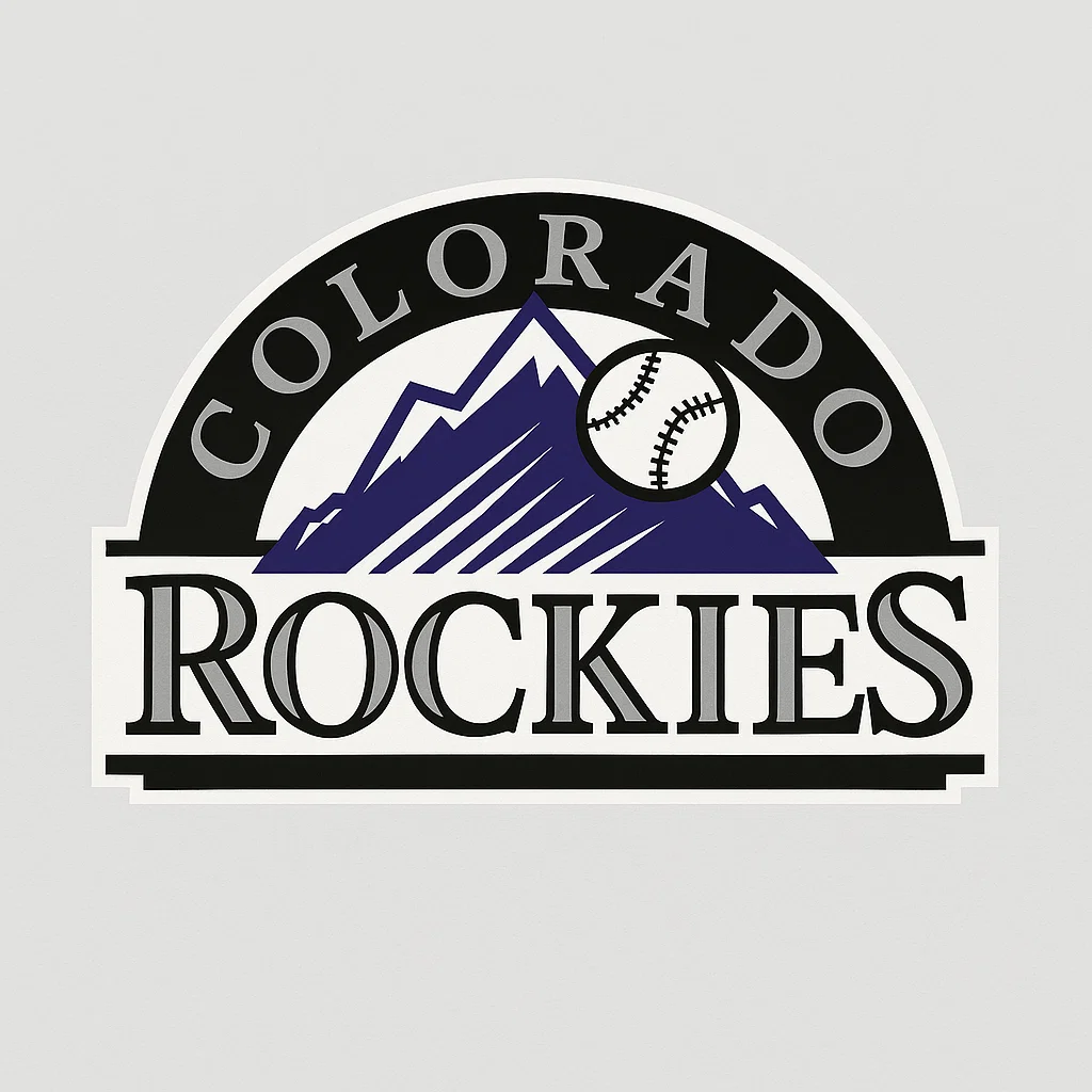MLB 내셔널리그 서부지구 소속 콜로라도 로키스의 공식 로고로, 산맥과 떠오르는 야구공을 형상화한 디자인입니다.