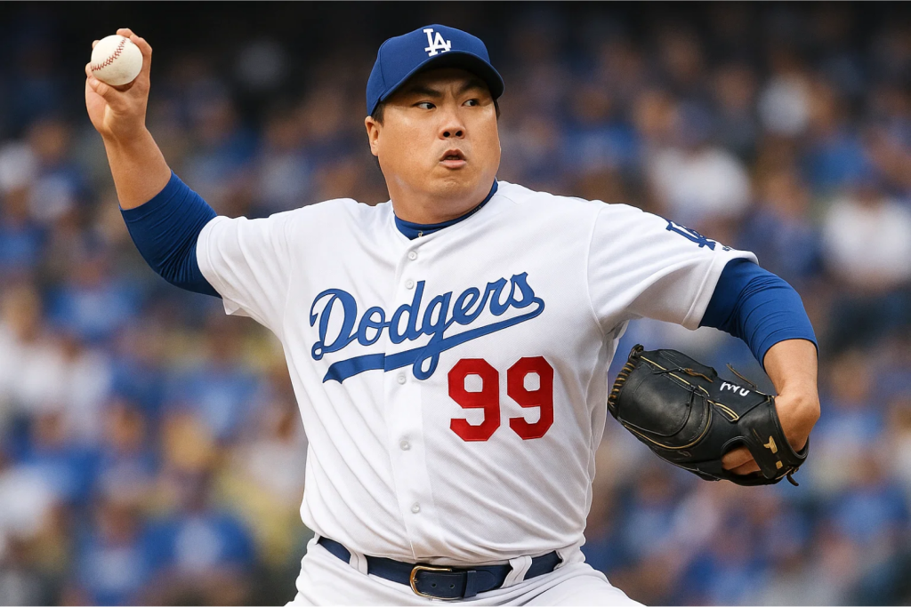 LA 다저스 투수의 역동적인 투구 장면, MLB 경기 중 모습