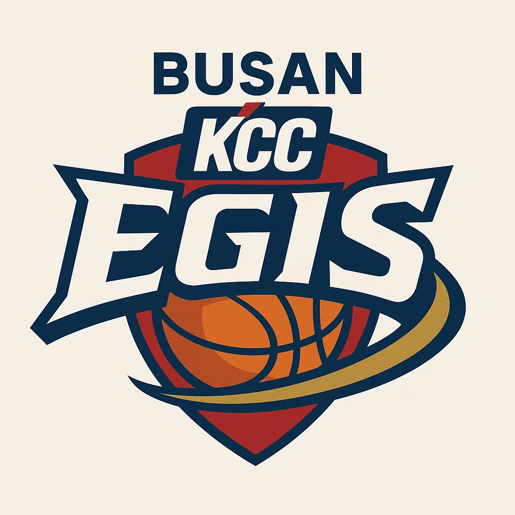 부산 KCC 이지스 공식 로고 – KBL 프로농구팀, 농구공과 방패형 엠블럼 디자인