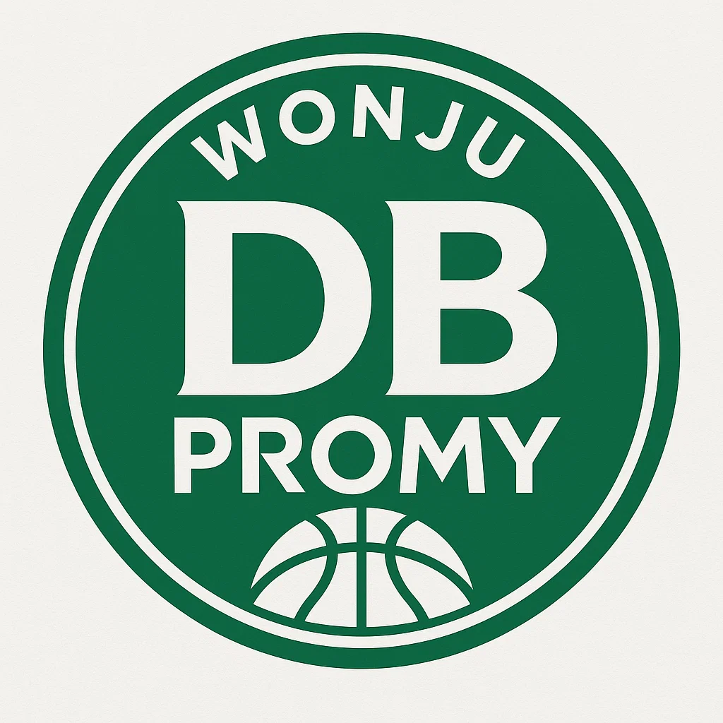 원주 DB 프로미 공식 로고 – KBL 프로농구팀, 녹색 원형 엠블럼과 농구공 디자인