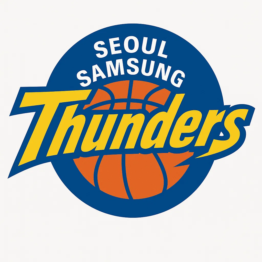 서울 삼성 썬더스 공식 로고 – KBL 프로농구팀, 파란 원형 배경과 노란색 레터링