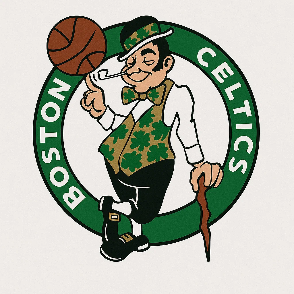 보스턴 셀틱스 공식 로고 – NBA 농구팀, 녹색 원 안의 레프리콘 캐릭터