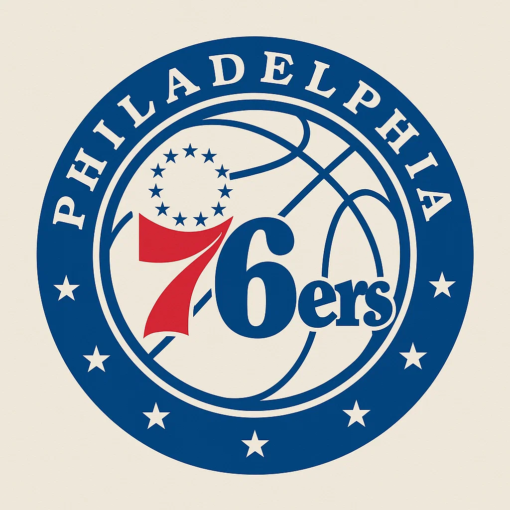 필라델피아 세븐티식서스 공식 로고 – NBA 농구팀, 파란색 원형 엠블럼