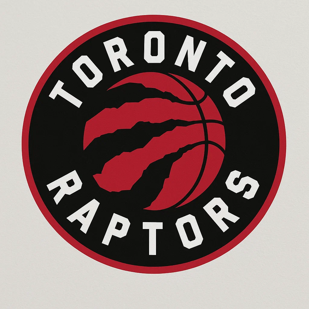 토론토 랩터스 공식 로고 – NBA 농구팀, 검은 원형 안의 붉은 농구공과 발톱 자국 디자인