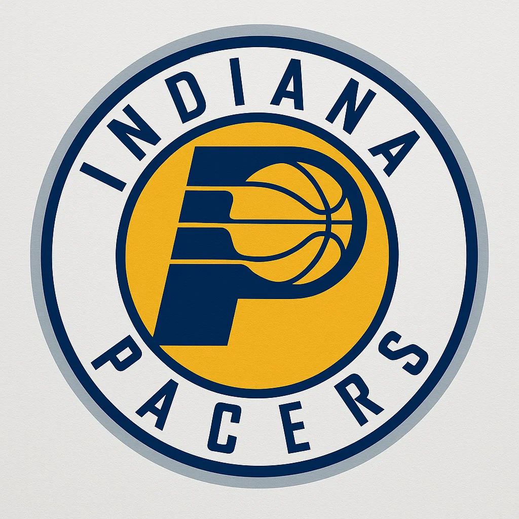 인디애나 페이서스 공식 로고 – NBA 농구팀, 파란색 ‘P’와 노란색 농구공 디자인