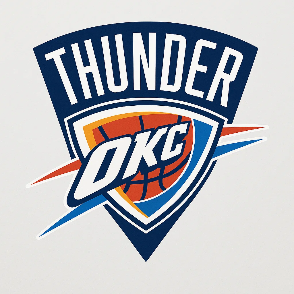 오클라호마시티 썬더 공식 로고 – NBA 농구팀, 방패와 번개, 농구공이 결합된 파란색·주황색 엠블럼