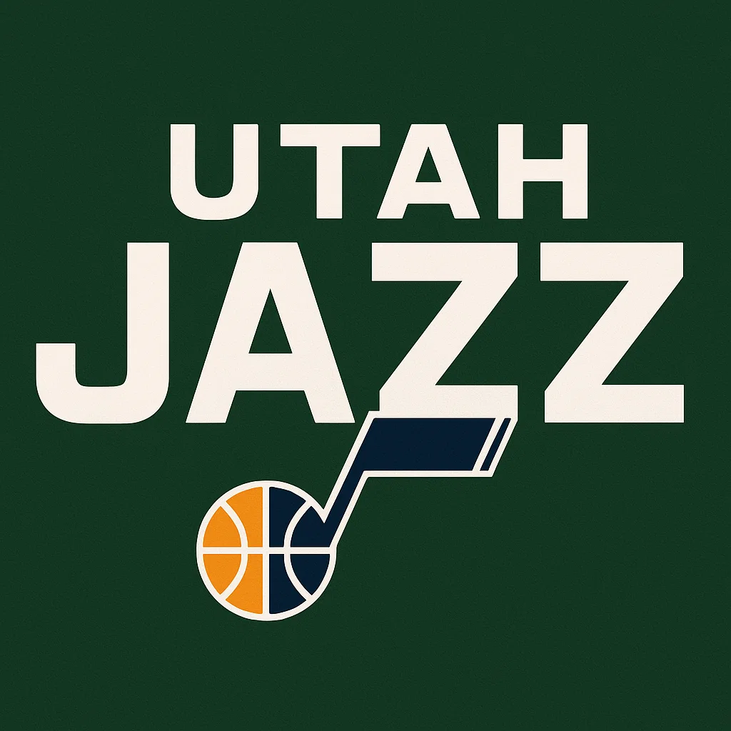 유타 재즈 공식 로고 – NBA 농구팀, 농구공과 음표 모양이 결합된 녹색 배경의 심볼