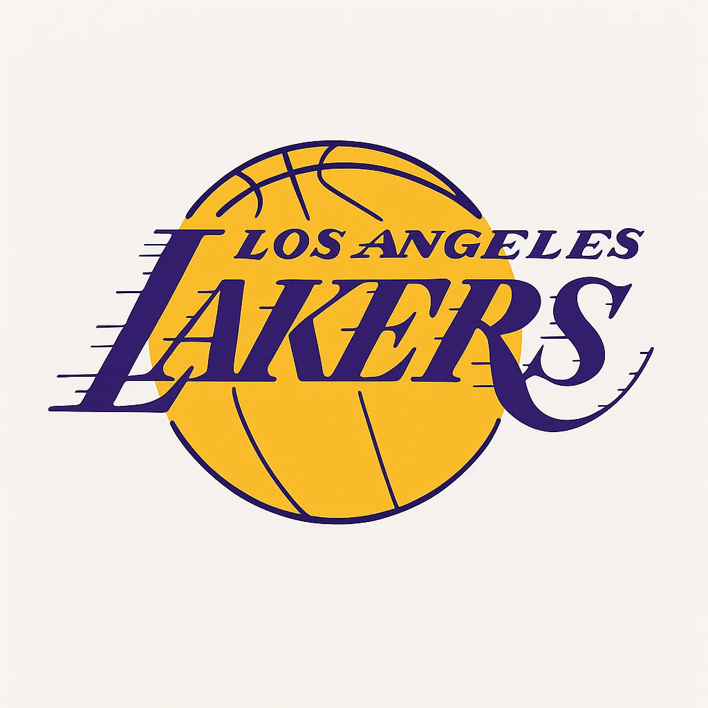 로스앤젤레스 레이커스 로고 – 노란색 농구공 위에 보라색 ‘LOS ANGELES LAKERS’ 글자가 새겨진 NBA 팀 엠블럼