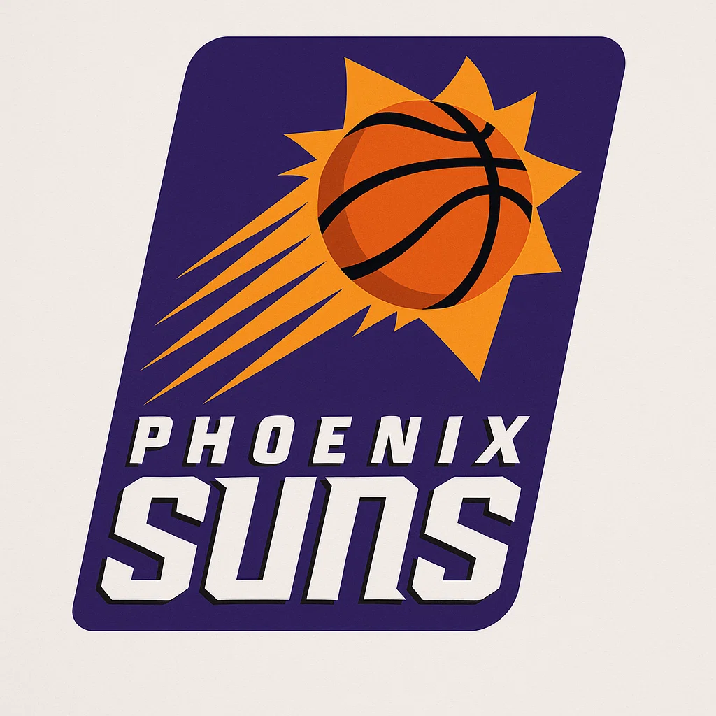 피닉스 선즈 로고 – 보라색 배경 위에 주황색 태양과 농구공이 결합된 NBA 팀 엠블럼