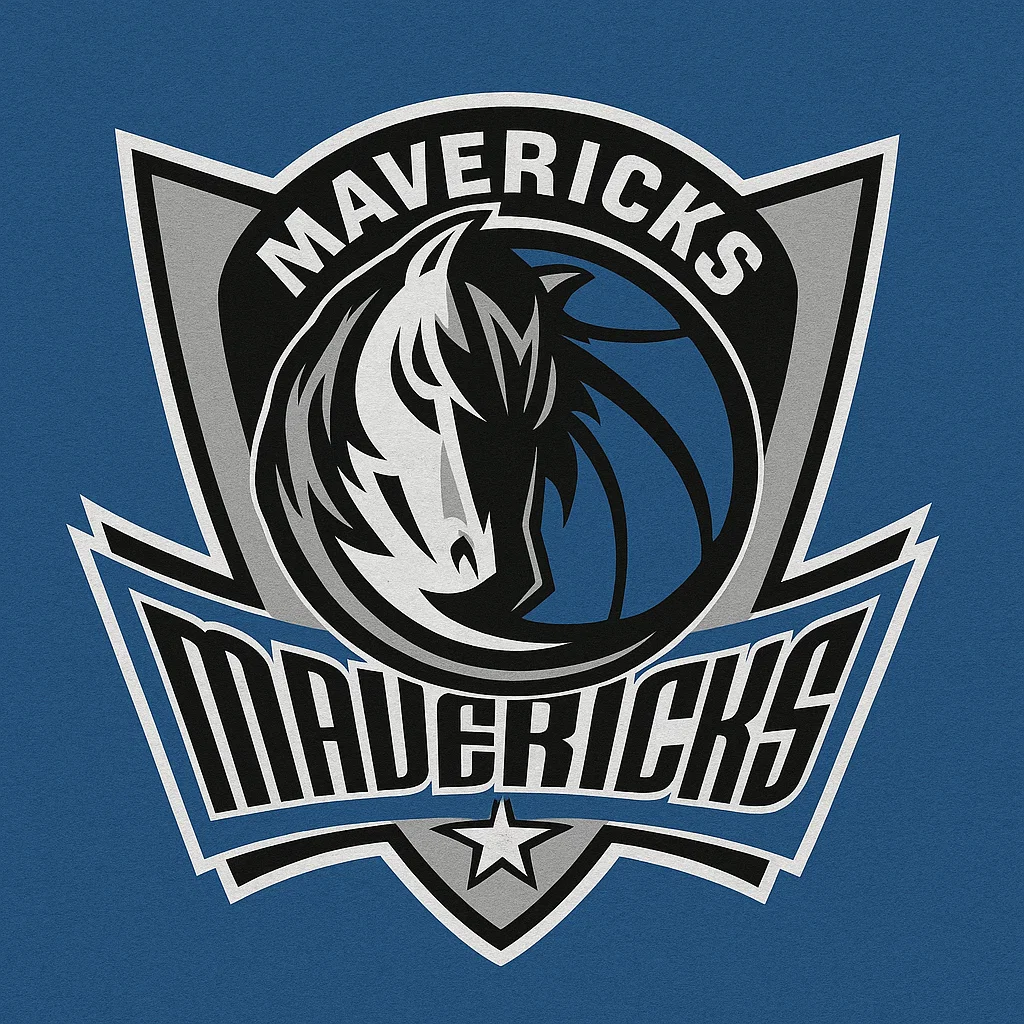 댈러스 매버릭스 로고 – 실버와 블루 색상으로 구성된 방패형 디자인 안에 말 머리 실루엣이 있는 NBA 팀 엠블럼