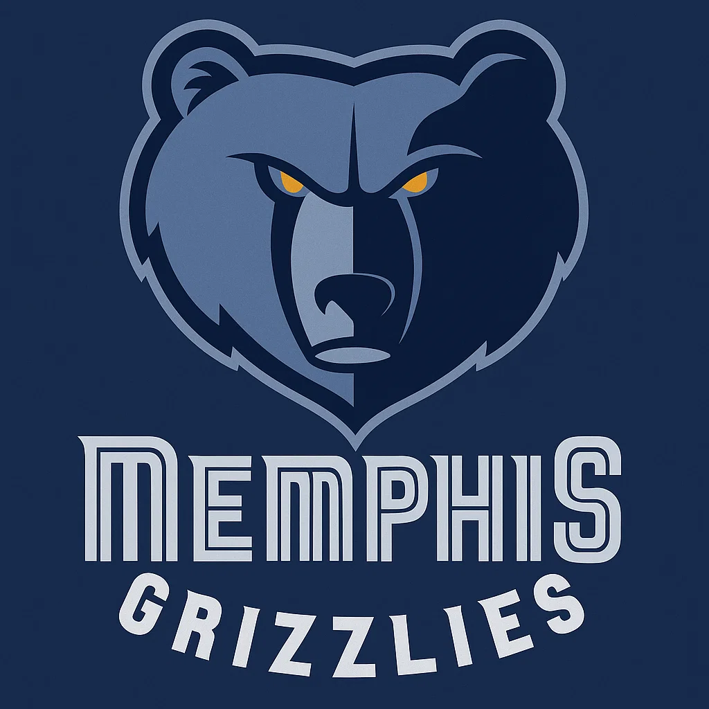 멤피스 그리즐리스 로고 – 곰 머리 형상이 중심에 있는 남색과 금색 조합의 NBA 팀 엠블럼