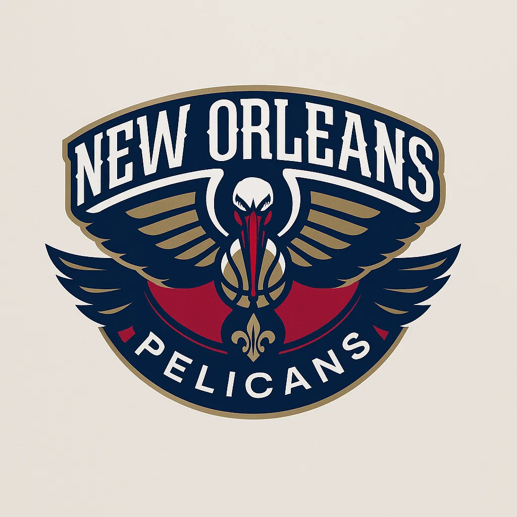 뉴올리언스 펠리컨스 로고 - 갈매기 혹은 물새 형상의 펠리컨 머리와 펼쳐진 날개, 농구공 등이 어우러진 엠블럼