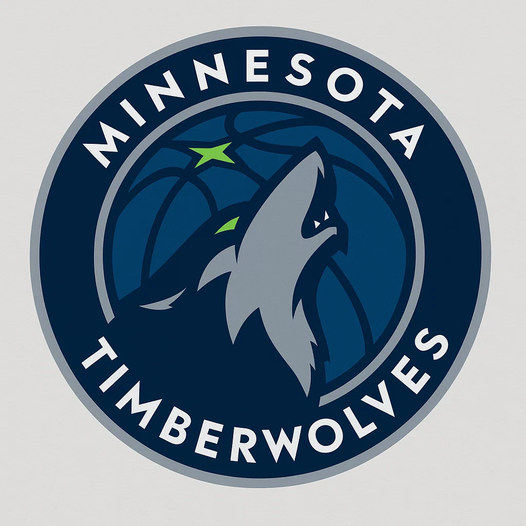 미네소타 팀버울브스 로고 - 푸른 원 안에 울부짖는 회색·남색 늑대 머리와 북극성 모티프가 결합된 NBA 팀 엠블럼