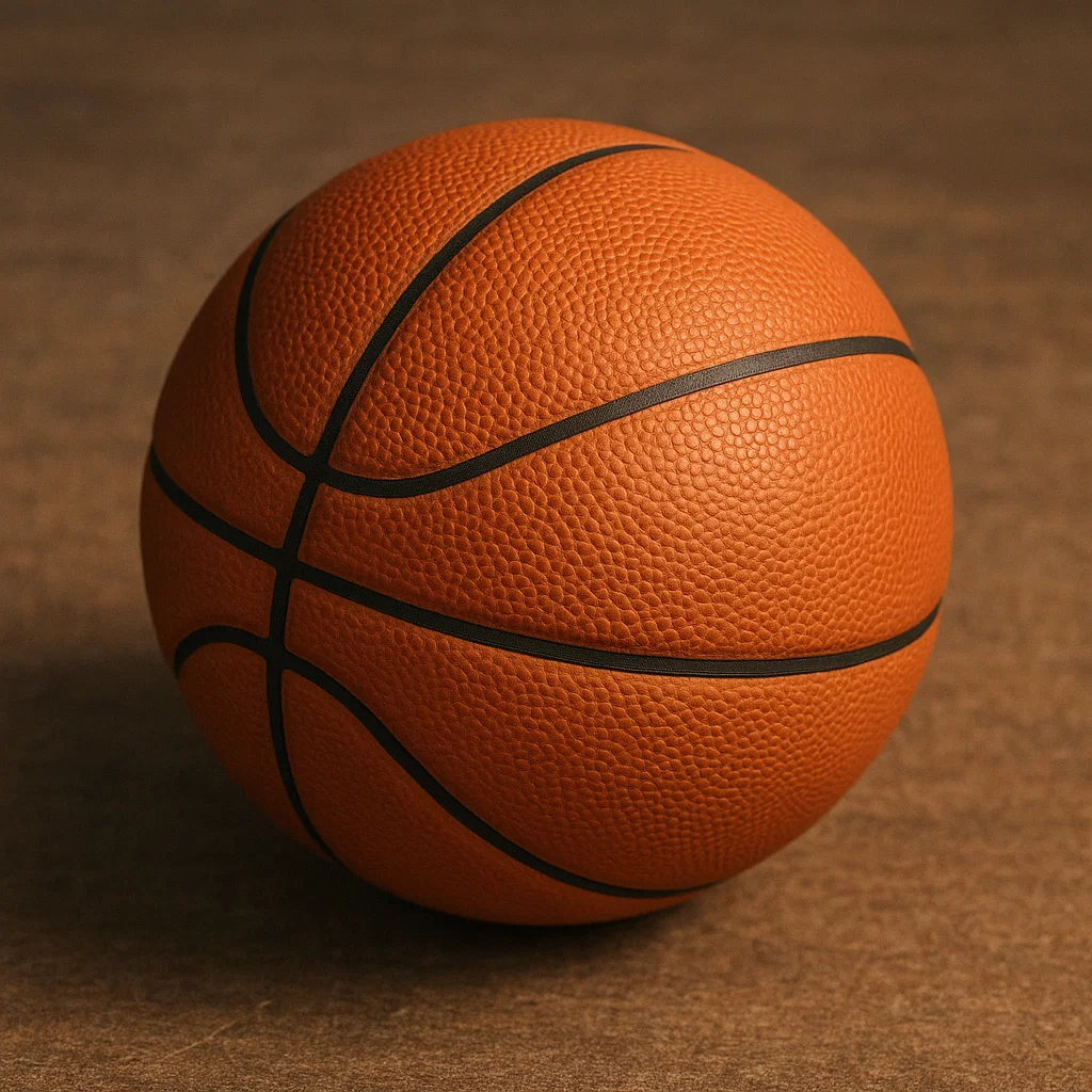 갈색 농구공 클로즈업 – 코트 위에 놓인 정식 규격의 농구공 질감 이미지