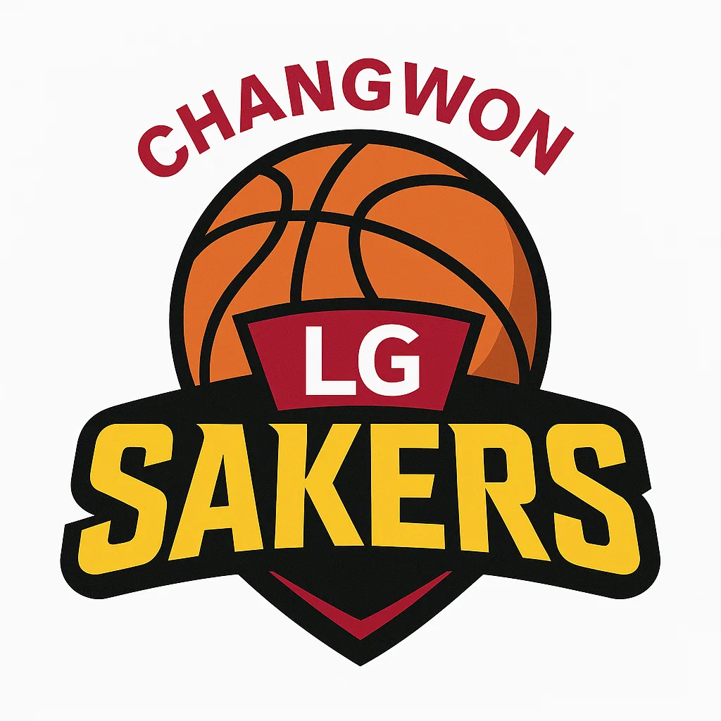 창원 LG 세이커스 로고 – 농구공 위에 붉은색 ‘LG’와 노란색 ‘SAKERS’ 글자가 배치된 KBL 구단 엠블럼