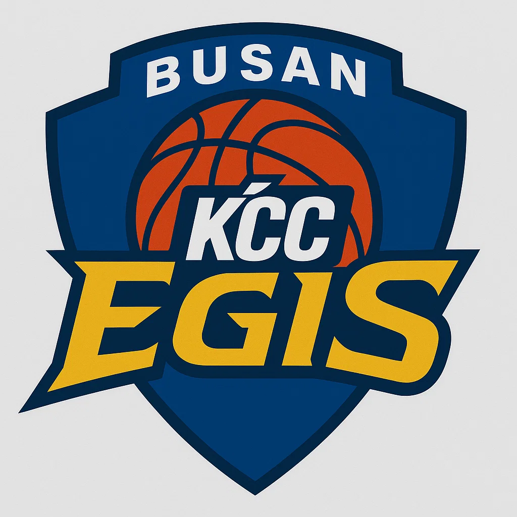 부산 KCC 이지스 로고 – 농구공과 방패형 배경 위에 파란색·노란색 조합의 ‘KCC EGIS’ 글자가 들어간 KBL 팀 엠블럼