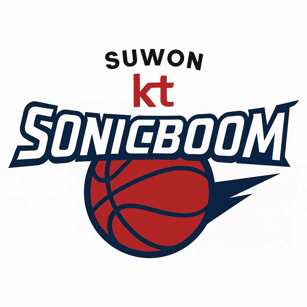 수원 kt 소닉붐 로고 – 농구공과 음속 충격파를 형상화한 붉은색·남색 조합의 KBL 구단 엠블럼