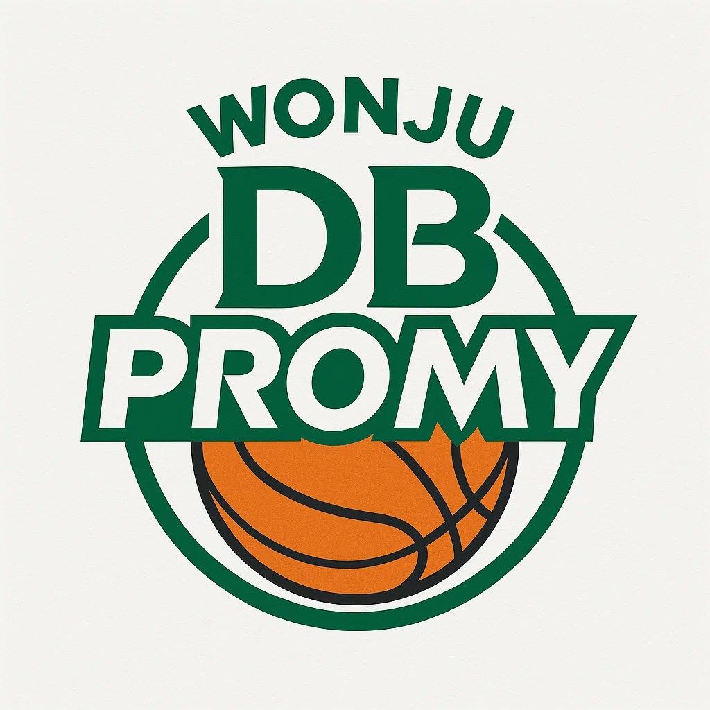 원주 DB 프로미 로고 – 초록색 ‘DB PROMY’ 글자와 주황색 농구공이 결합된 KBL 구단 엠블럼